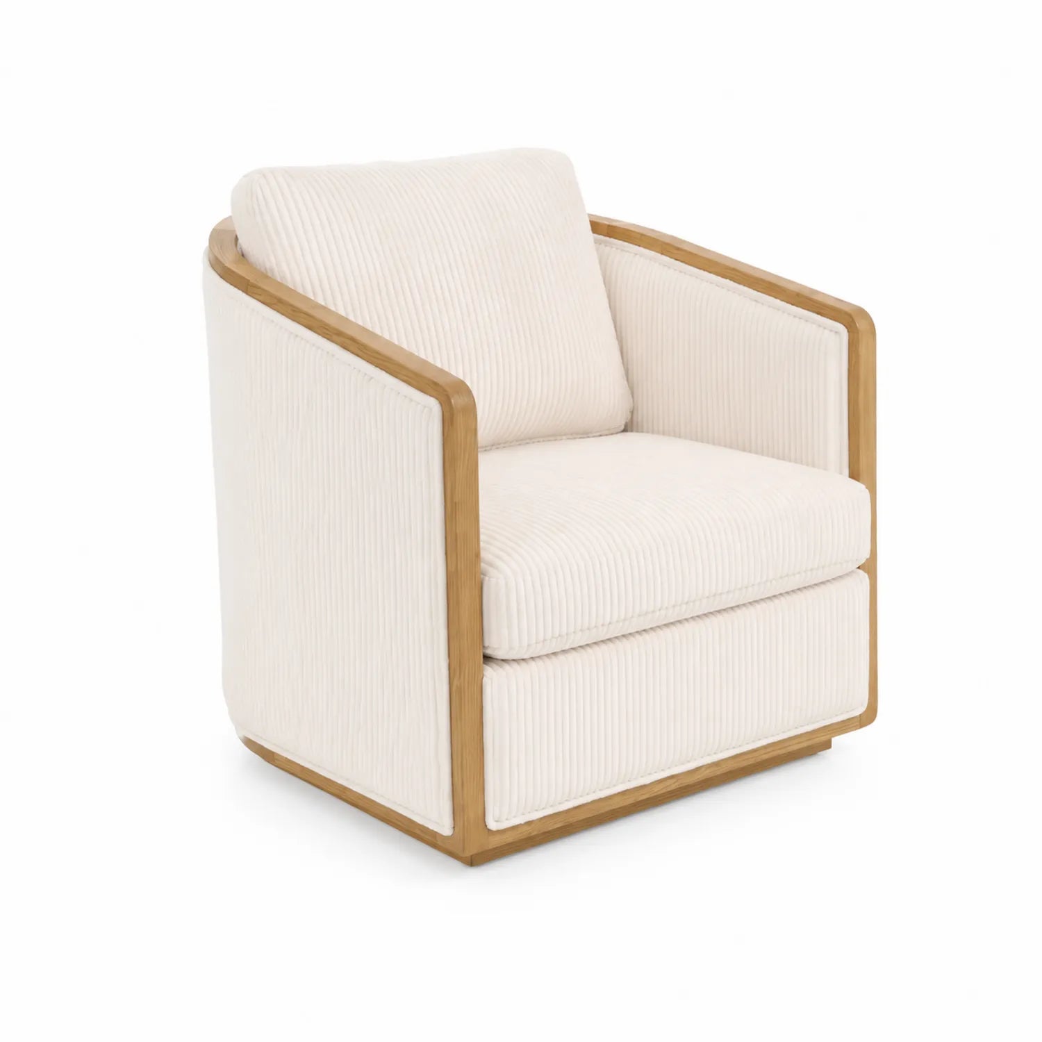Fauteuil pivotant en velours côtelé blanc et bois clair