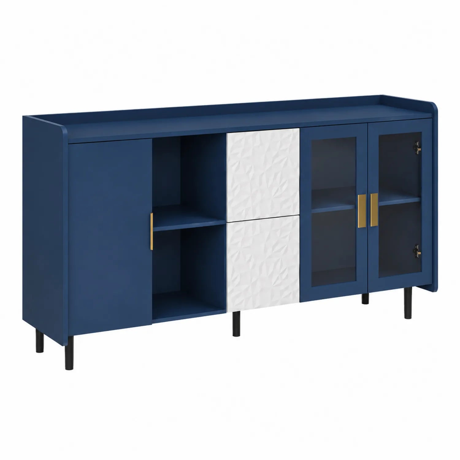 Buffet en bois bleu avec portes vitrées et motifs en relief 150x40x80 cm