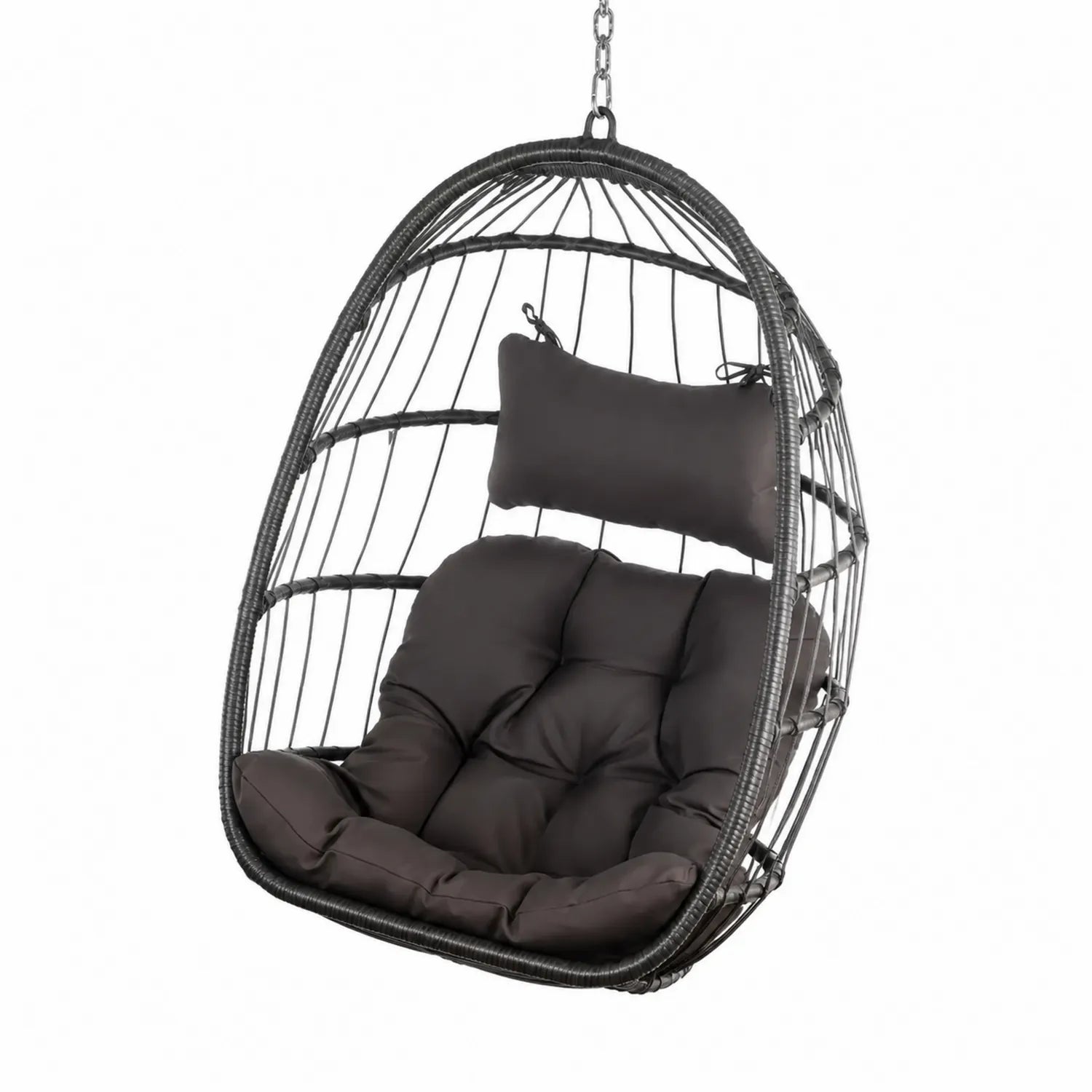 Fauteuil suspendu en métal et résine tressée noir avec coussin en polyester