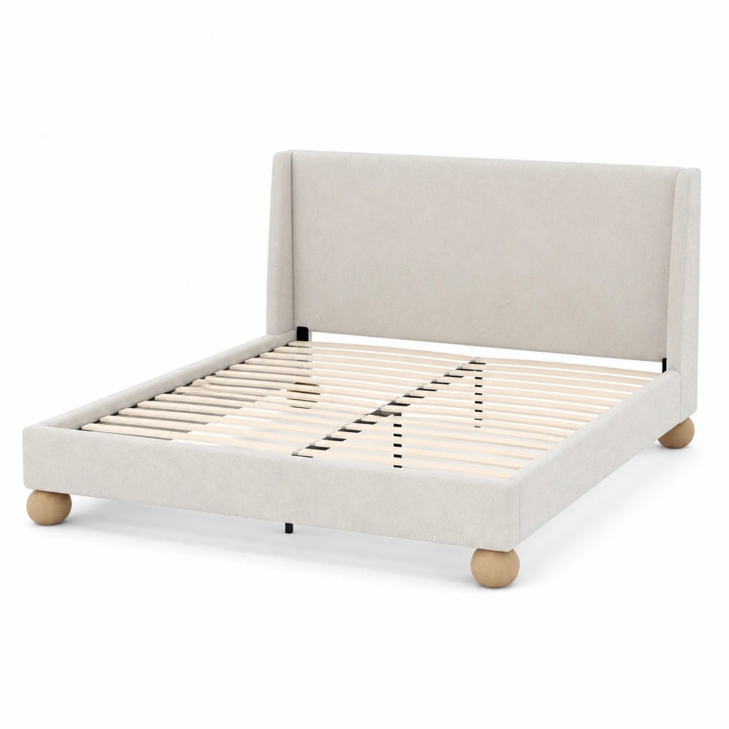 Lit en tissu avec sommier à lattes et pieds en bois