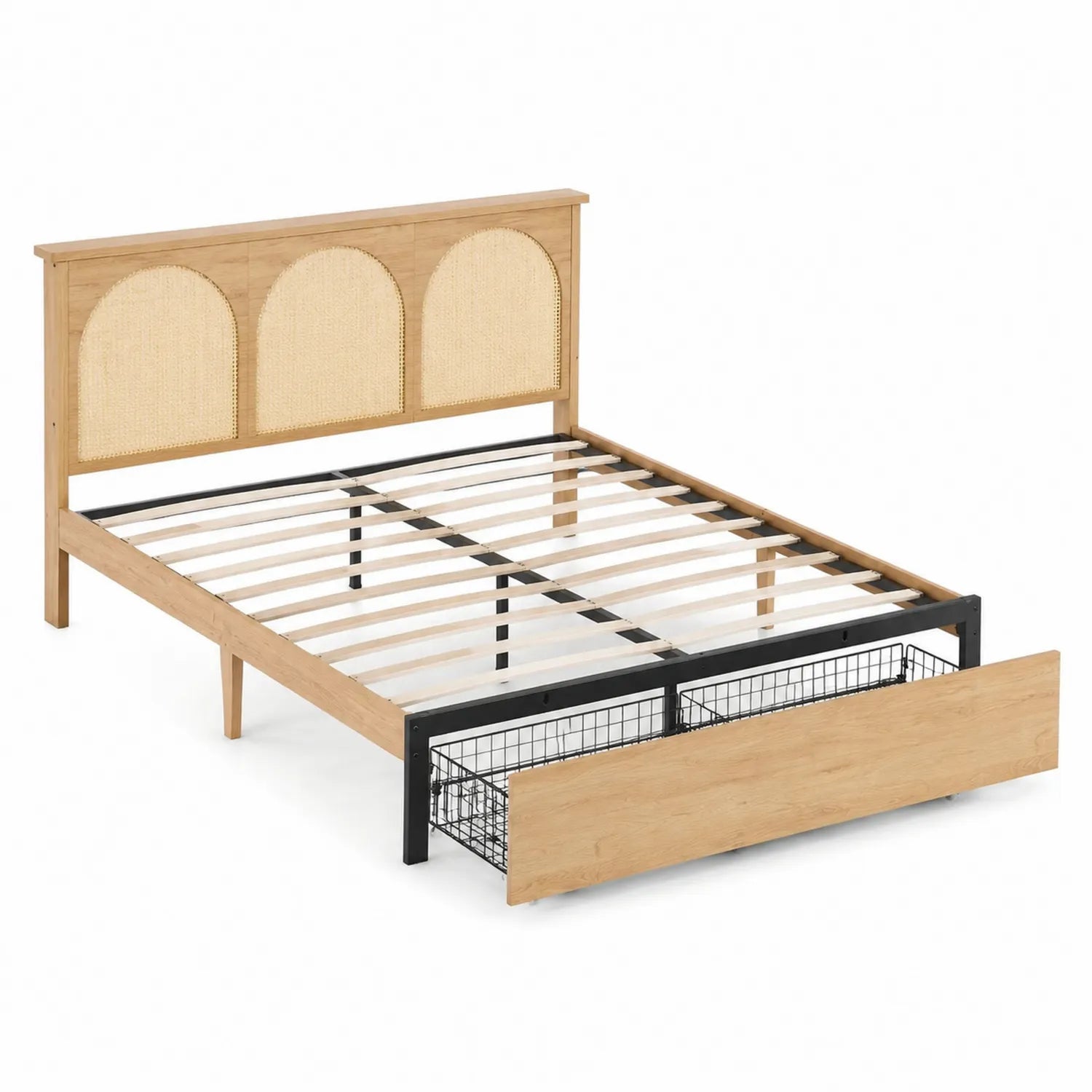 Lit double en bois avec tête en rotin et rangement métallique 140x190 cm