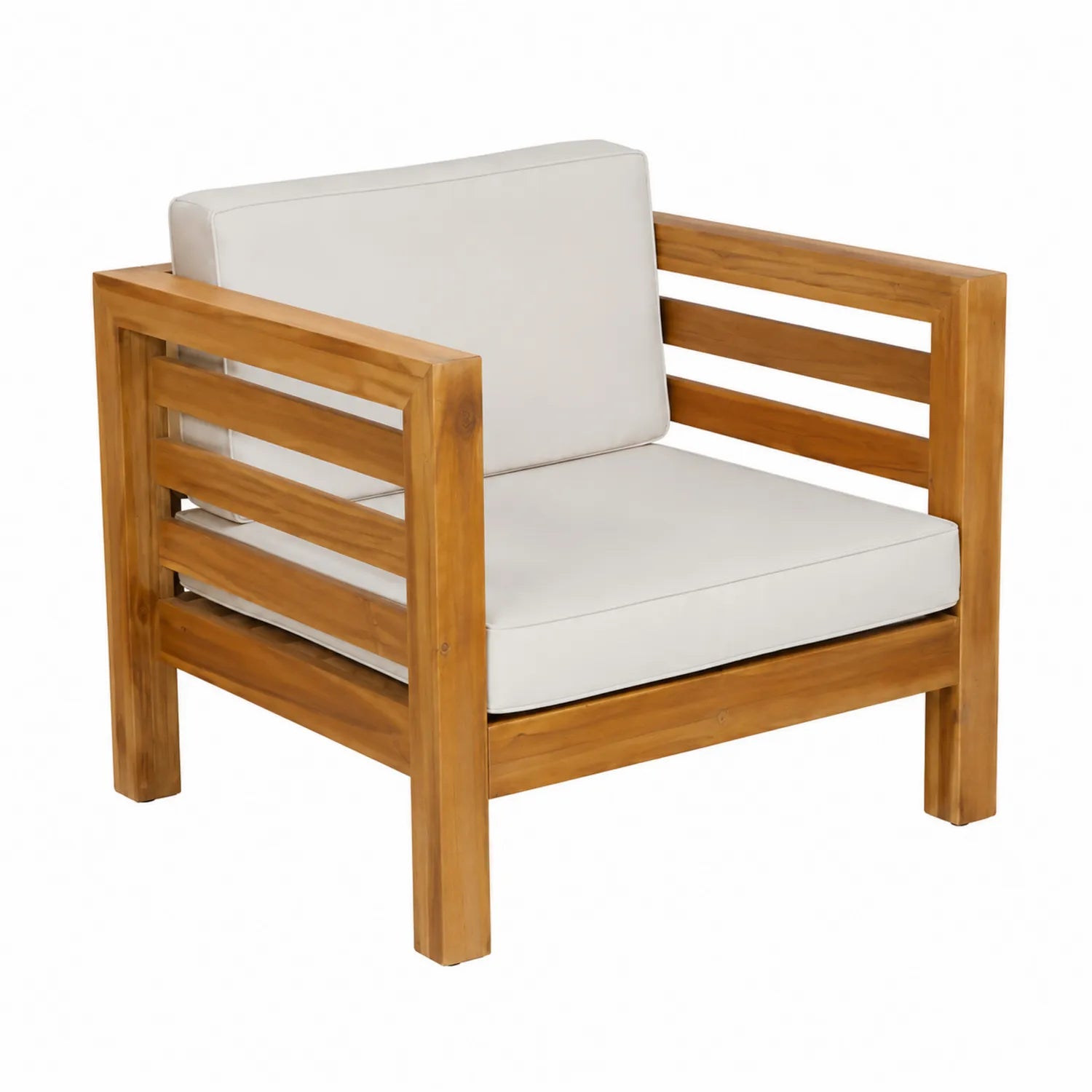Fauteuil en bois avec coussins en tissu beige